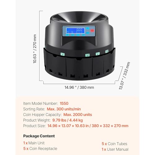 High Speed USD Coin Counter & Sorter, Built-in LCD Display, 300 Coins Per Minute, 2000 Coins Capacity with 5 Coin Bins and Tubes