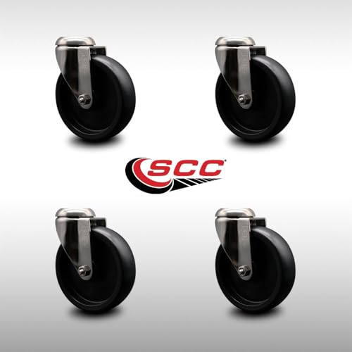 Polyolefin Swivel Bolt Hole Caster Wheels Set of 4 with 5 Inch Black Caster Wheels - 316 Stainless Steel Casters - Includes 4 Swivel Casters - 1,400 lbs. Total Capacity - Service Caster Brand