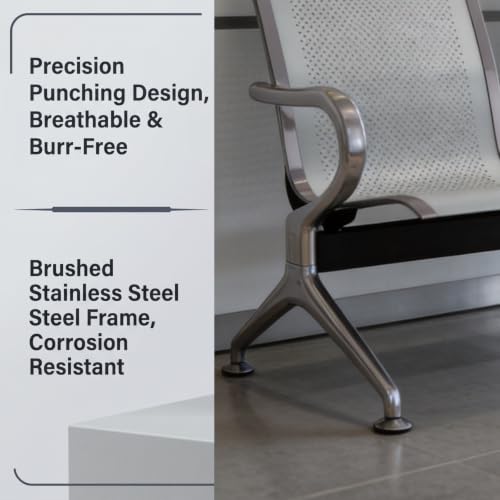 kairohill 3-Seat Metal Waiting Room Chair Durable Steel Waiting Room Bench with Armrests, Reception Chair for the Waiting Area at Hair Salon, Airport, Clinic, Shop & Home, Grey