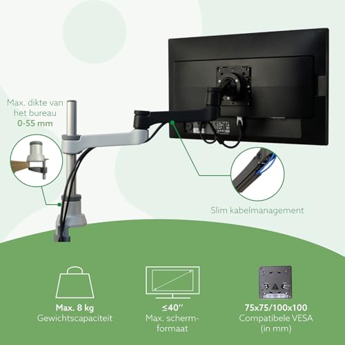 R-Go Zepher Monitor Arm, Single Monitor Desk Mount with Clamp, Adjustable Height & Rotation, Customizable Options for Optimal Ergonomics, up to 32’’Inch Monitors, Weigh max 8KG, Matte silver/black