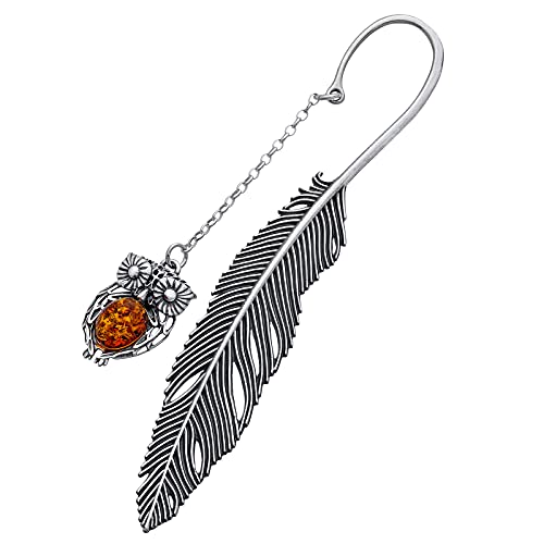 AMBEDORA Bookmark, Oxidized 925 Silver, Oval Baltic Amber in Cognac Color, Silver Bookmark Owl with Amber, L. 11,5 cm