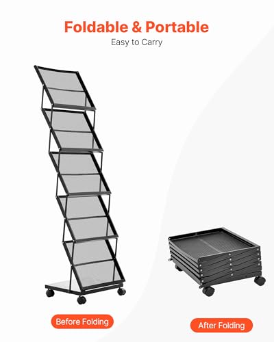 VEVOR Brochure Display Rack, Foldable 5 Pockets Magazine Literature Display Stand, Movable Floor Standing Magazine Rack with Wheels, Metal Newspaper Catalog Holders for Shop Exhibitions Office Show