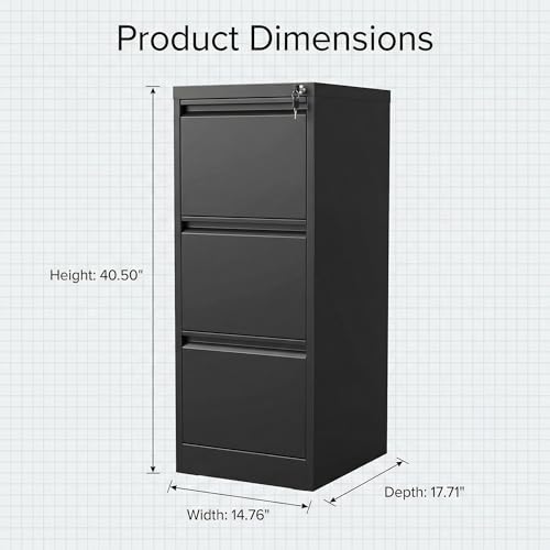 Uneeruiqy 3 Drawer File Cabinet, Heavy Duty Vertical Filing Cabinets with Lock, Metal Steel Storage Cabinet for Office and Home, Assembly Required, Black