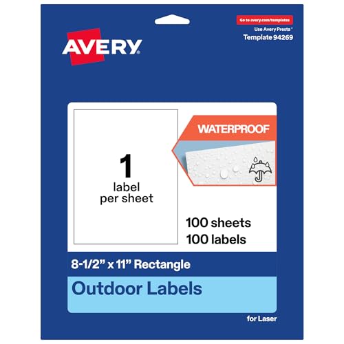 Avery Outdoor Waterproof Rectangle Labels, 8.5" x 11", White Film, Compatible with Laser Printers, 100 Labels Total, Great for Product Branding, Packaging, and More