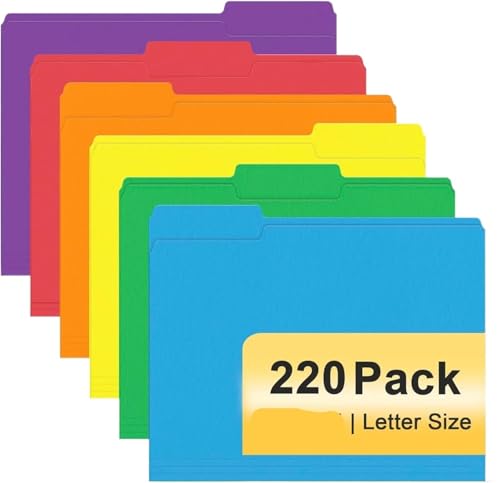 220 Pack Colored File Folders Letter Size 1/3 Cut Tabs Assorted 6 Colors Office School