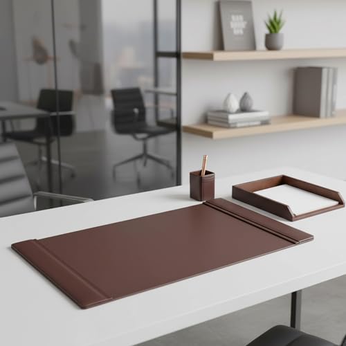 DACASSO Leather Desk Set with Side Rails - Luxury Leather Desk Pad & Desk Organization Essentials - Office Organization & Executive Desk Decor - (Brown, 3 Piece)