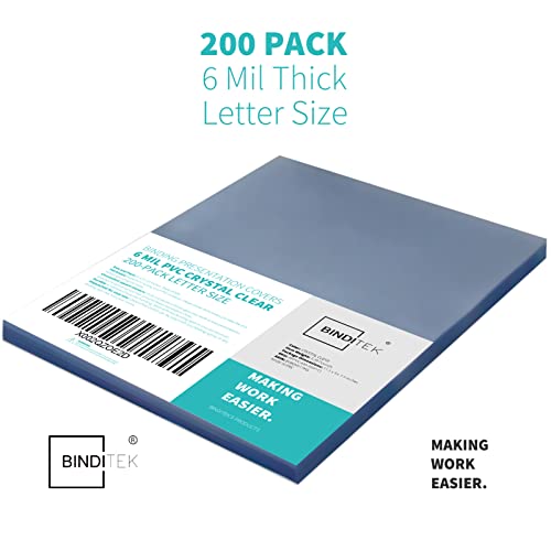 Binditek 6 Mil PVC Binding Covers, 8.5 x 11 Inches, Clear, 200 Pack