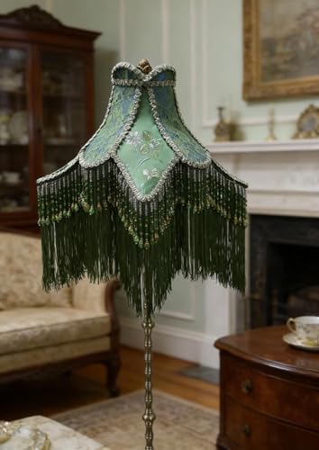 Sofyee Victorian Floor Lamp with Beaded Fringe, Green Fabric Shade, Brass Base, Ornate Vintage Style