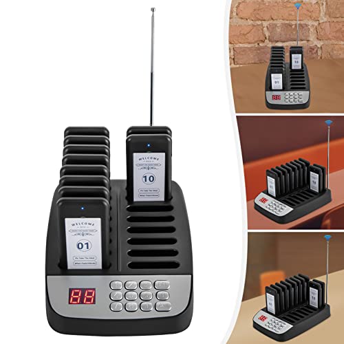 Restaurant Pager System, Wireless Customer Service Calling System with 10 Pagers, 2625ft Range Buzzer for Cafes, Food Trucks, Hospitals, Vibration Flash Beep Alert