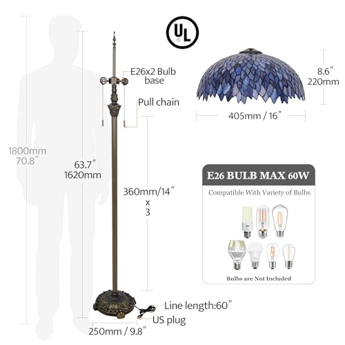 GILGGAK Tiffany Floor Lamp Blue Purple Wisteria Style Stained Glass Standing Reading Light 16x16x64 Inch Retro Inspired Pole Corner Lighting Art Decor for Bedroom Living Room Home Office