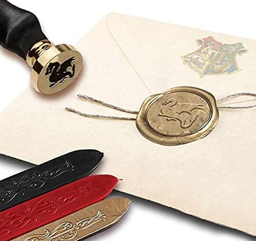 Harry Potter Dragon Wax Seal Stamp Kit with Brown Wood Handle and Red Gold and Black Sealing Wax