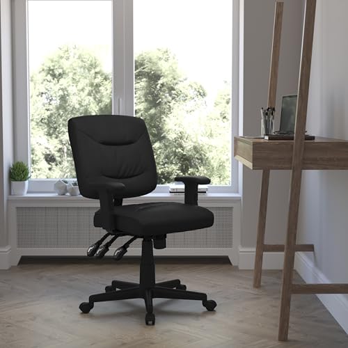 Flash Furniture Cole Mid-Back Black LeatherSoft Multifunction Swivel Ergonomic Task Office Chair with Adjustable Arms
