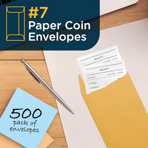 Guardian #7 Paper Coin Envelopes - Made in America with Gummed Flaps, Pack of 500 Blank Cash Envelopes for Coins, Receipts, Seeds, Small Parts Storage, and More, 3 ½ x 6 ½ Inches, Brown