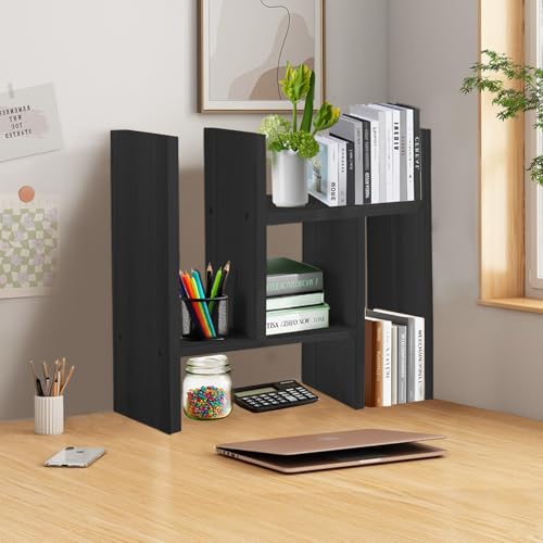 Cuteripe Black Desk Organizer Shelf Wooden Desktop Bookshelf Adjustable Desktop Organizer Shelves Small Book Shelf for Office Desk Supplies Home Storage Natural Stand Decor (Black, Style1)
