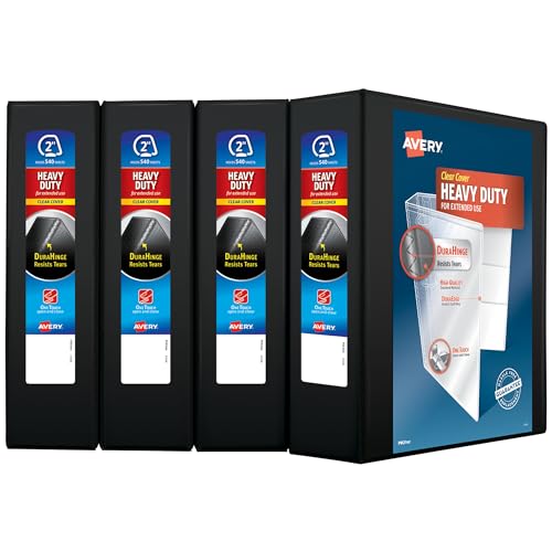 Avery Heavy-Duty View 3 Ring Binder, 2" One Touch Slant Rings, Holds 8.5" x 11" Paper, 4 Black Binders (79872)