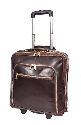 A1 FASHION GOODS Premium Leather Pilot Case Wheeled Briefcase Business Travel Laptop Bag Multi Zip Pockets A51, Brown, M, Pilot Case