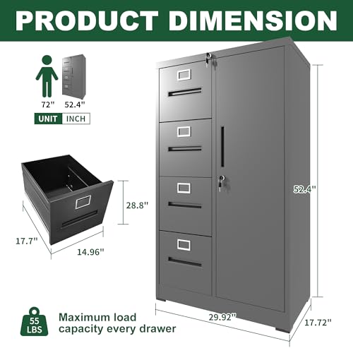 Metal Storage Vertical Filing Cabinet with Lock, 4-Drawer Steel File Locker
