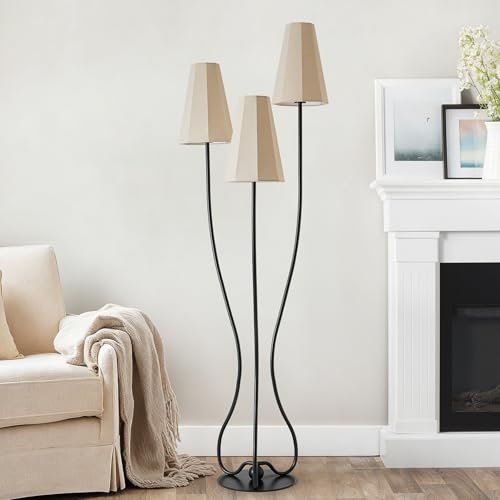 ZenGlimmer Artistic Vintage Floor Lamp, 3-Light Standing Lamps with Sculptural Curved Iron Base & Octagonal Linen Shades, Statement Lighting for Living Room, Bedroom, Studio