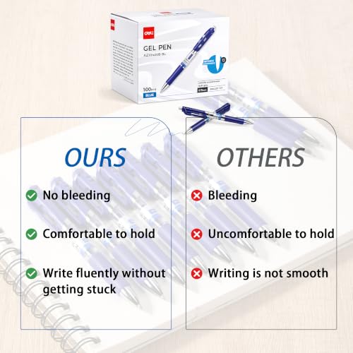 deli Gel Pens, 100 Pcs Pens Blue Ink, Retractable Medium Point Pen 0.7mm