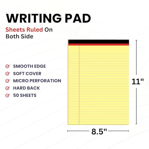AUKSales Legal Pads 8.5 x 11, 12 Pack Wide Ruled Lined Notepad, Yellow Legal Pads of Paper Legal Notepads, Micro Perforated Note Pads 8.5 x 11 Legal Pad, Yellow Legal Pads, 50 Sheets Per Writing Pad