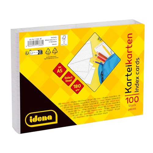 Idena 90362 - Index Cards A5, 600 Pieces Lined, Flashcards Made of 180 g/m² FSC Mix Paper in White, for School and Office