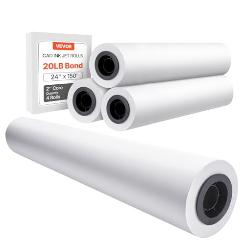 VEVOR Wide Format Paper, 24 in x 150 ft Plotter Paper, 4 Rolls CAD Bond Rolls with 2 in Core, 20 LB Bond Paper Rolls, Idea for CAD Drawings, Engineering Plans, GIS Maps & Architectural Designs