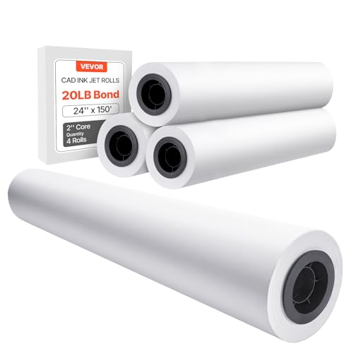 VEVOR Wide Format Paper, 24 in x 150 ft Plotter Paper, 4 Rolls CAD Bond Rolls with 2 in Core, 20 LB Bond Paper Rolls, Idea for CAD Drawings, Engineering Plans, GIS Maps & Architectural Designs