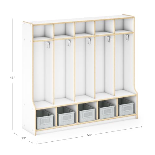Guidecraft EdQ 5-Section Wooden Storage Locker with Bench Seat for Classroom, Kids White Cubby Organizer with Shelves and Hooks for Coats, Divided Playroom Storage with Bins
