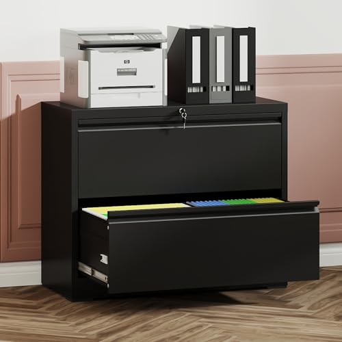 FHUKMZOI Lateral File Cabinet 2 Drawer Filing Cabinet with Lock, Filing Cabinets for Home Office, Steel Heavy-Duty Filing Storage Cabinet for Letters/Legal/A4, Black (2 Drawer-Black)