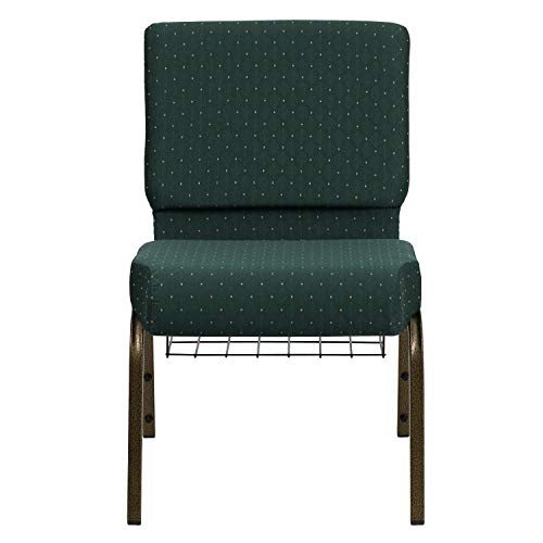 Flash Furniture HERCULES Series 21''W Church Chair in Hunter Green Dot Patterned Fabric with Book Rack - Gold Vein Frame