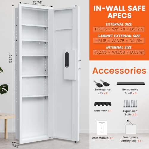 kavey 53.15" Wall Safe Between the Studs, Digital Hidden Safe with LCD Backlit Keypad, Large Wall Gun Safe with 5 Adjustable Shelves & Magnetic Slot for Home (White-Digital)