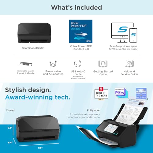 ScanSnap iX2500 Wireless or USB High-Speed Document Scanner, Black