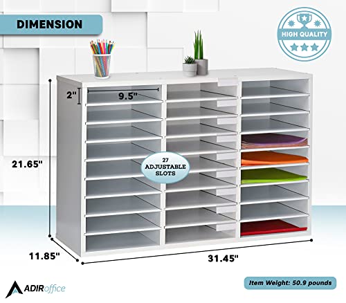 AdirOffice Classroom Mailbox - Wooden Literature Organizer, Construction Paper Storage Organizer, Mail Sorter with Slots, Office Mailboxes with Removable Shelf (27 Slot, White)