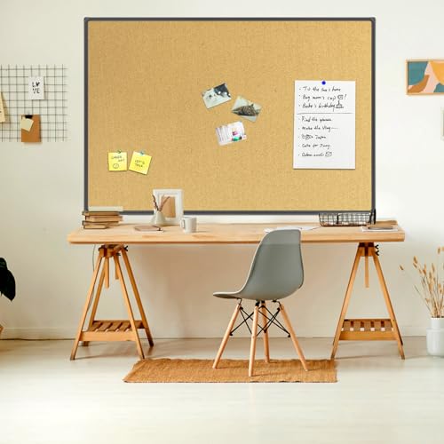 JILoffice Cork Board Bulletin Board 60 x 36 Notice Board, Black Aluminum Frame Wall Mounted Board for Office Home and School with 10 Push Pins