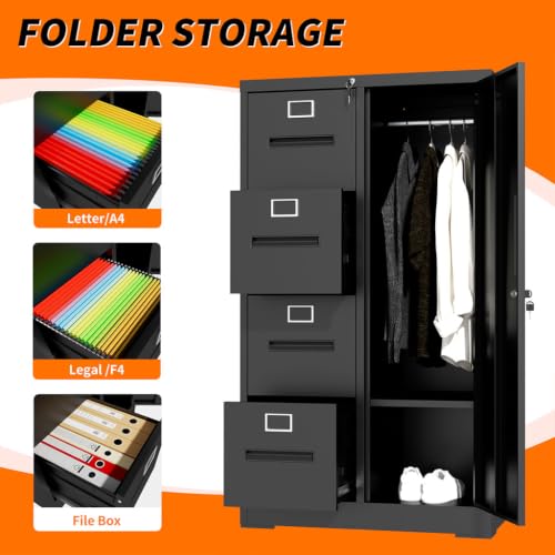 LMAOSS 4 Drawer File Cabinet with Lock, Vertical File Cabinet with Lock, 1 Door, Shelves and Adjustable Hanging Rails, Metal Storage Cabinets for Home, Office, Garage, School,Black