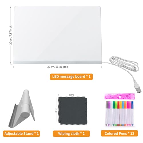 HYQFSAD Transparent Acrylic Glowing Drawing Board DIY Rewritable Message Board with Color Pen and Adjustable Stand Night Light Decoration for Bedroom(30X20CM)