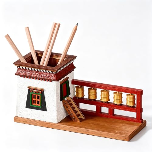 JYSWDZ Handmade Wooden Desktop Pen Holder, Tibetan Architecture Pen Holder, With Rotatable Prayer Wheels, Ethnic Decor Pencil Pot, Solid Wood Painted Creative Ornaments, For Holiday Gifts White