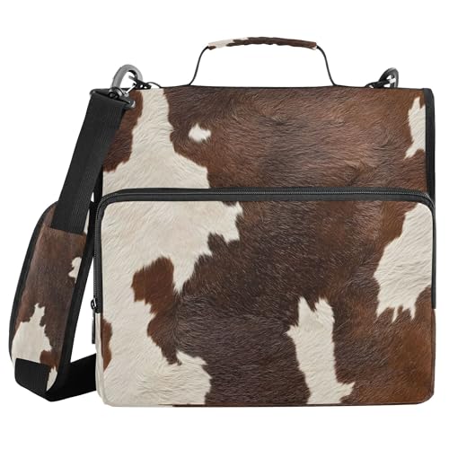 FJDENG Cow Print Waterproof 13" Binder Bag Organizer with Expandable Storage,3-Ring Zipper Binder with Shoulder Strap for School & Office