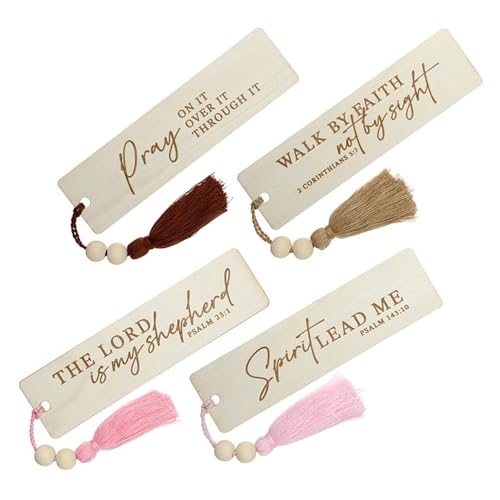 Faithworks Bulk Christian Keepsake Bookmarks - 4 Styles Engraved Wood with Beaded Tassel, 24-Count, Scripture