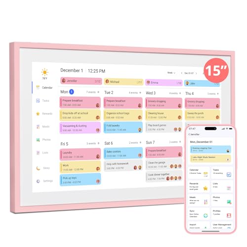 Dragon Touch 15.6 Inch Digital Calendar Wall - 1920 x 1080 FHD Electronic Wall Calendar Family Planner with 32GB Memory and Wall Mount, Touchscreen Intelligent Desk Calendar, Pink