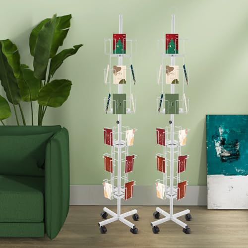 FFanhia 6 Tier Rotating Greeting Card Rack 24 Pocket Metal Greeting Card Display Stand with Wheels for Thrift, Retail, Grocery, and Convenience Stores, 2Pcs