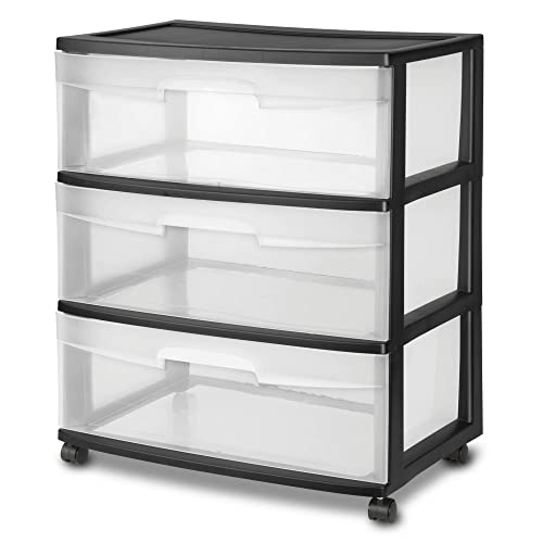EsEiCo 3 Drawer Plastic Storage Drawer Cart, Medium Home Organization Storage Container with 3 Large Clear Drawers With Wheels, Black