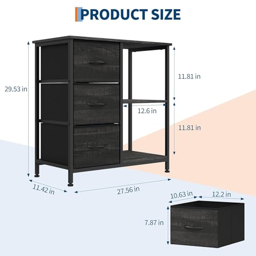 LALFPET Modern 3-Drawer Fabric File Cabinet with Printer Stand – 2 Open Storage Shelves – Under Desk Organizer for Home Office or Bedroom – Sturdy Steel Frame – Black
