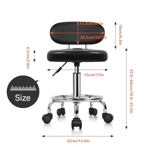 KKTONER PU Leather Modern Rolling Stool with Low Back Height Adjustable Work Salon Drafting Swivel Task Chair with Footrest (Black)