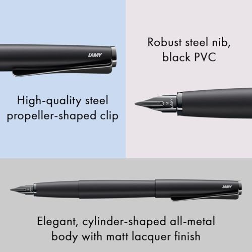 Lamy studio lx-all-black - Fountain Pen in elegant metal body - steel nib, partially platinum-plated & in nib size F - incl T 10 blue ink cartridge