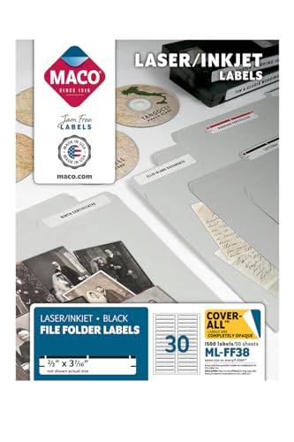 MACO Laser/Ink Jet Black File Folder Labels, 2/3" x 3-7/16", 30 per Sheet, 1500 per Box (ML-FF38)