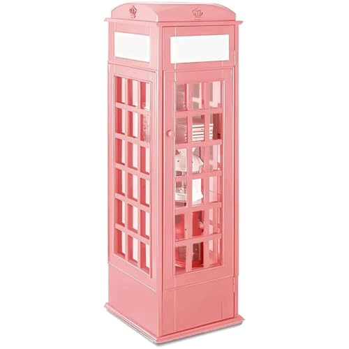 LJLYYDS Wooden Telephone Standing Bookshelf Vintage,5-Tier Wood London Telephones Booth Storage Shelf Cube,Floor Standing Telephone Booth Bookshelf with Acrylic Door for bookstores Pink