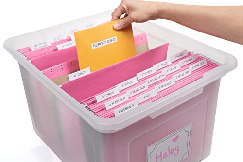 Kid's Craft Memory Keepsake Organizer Box - Clear Storage Latching Bin with Hanging File Folders and Custom Tab Inserts (Pink)