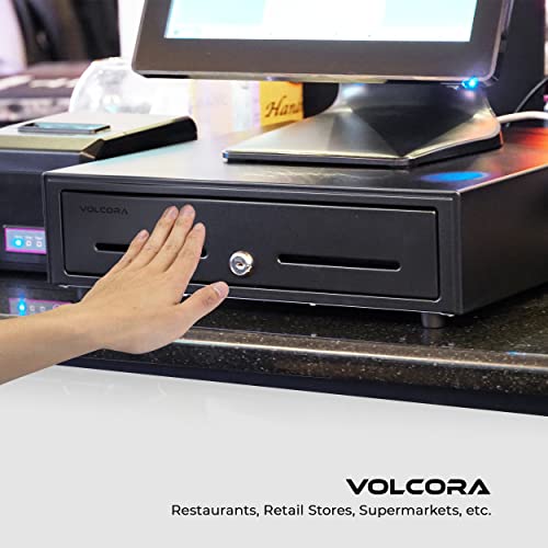 Volcora 16" Manual Push Open Cash Register Drawer for Point of Sale (POS) System, Black Heavy Duty Till with 5 Bills/8 Coin Slots, Key Lock with Fully Removable Money Tray and Double Media Slots