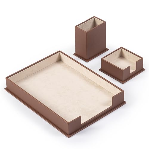 Leather Document Tray - Pen Holder - Note Paper Holder -3 Accessories-Desk Organizer - Office Desk Accessories - Desktop Storage - 3 PCS (Tan)